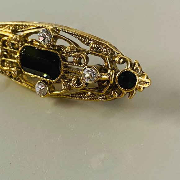 Art Deco Pin Brooch Gold Tone Faux Black Onyx Clear Rhinestone Vintage Jewelry - Picture 16 of 16